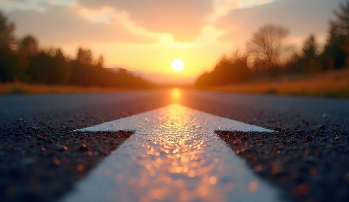 Road arrow pointing towards sunrise