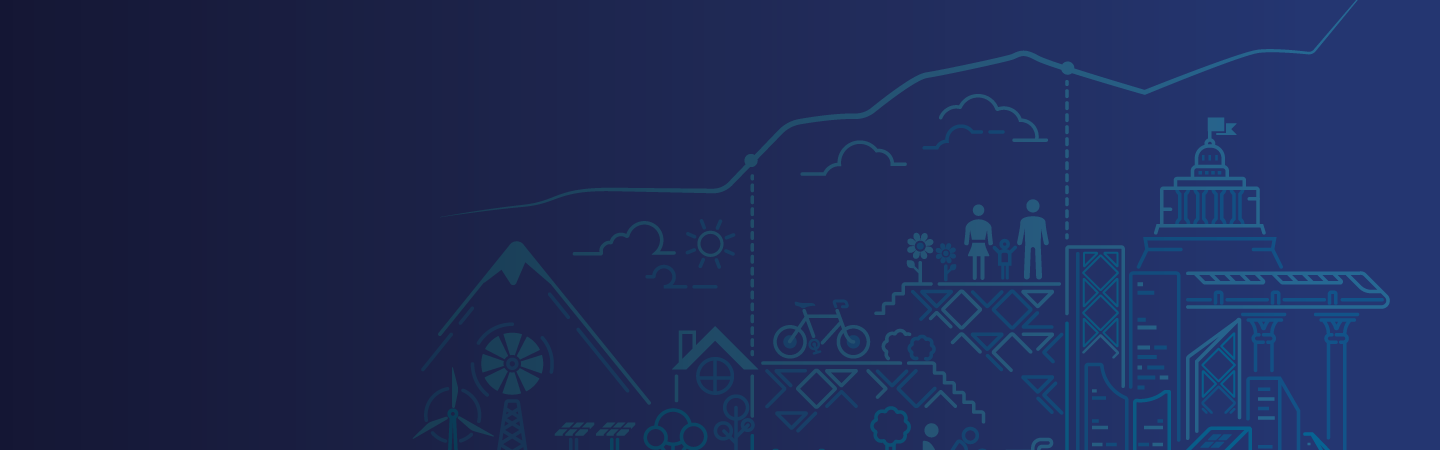 Illustration of a family among hills and buildings