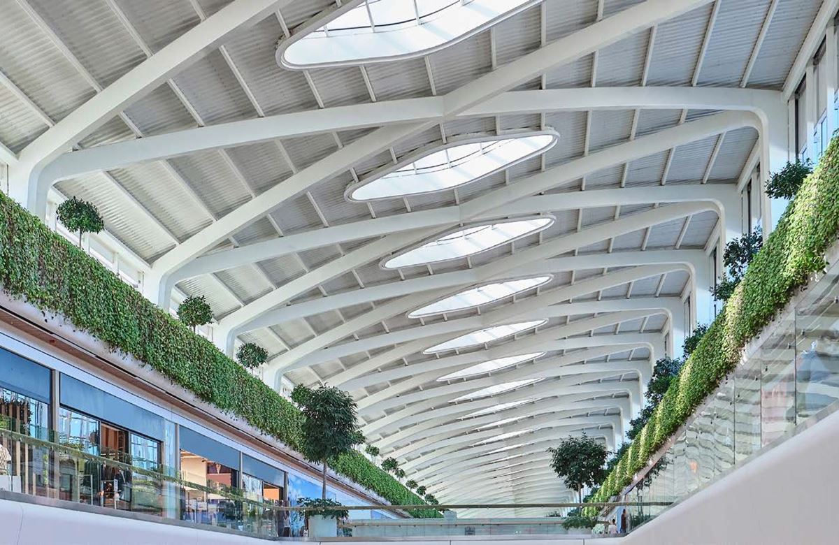 Bright atrium with green walls and architectural ceiling