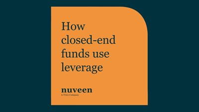 Orange square with rounded top-right corner on dark teal background. Text reads, "How closed-end funds use leverage - Nuveen, a TIAA Company."