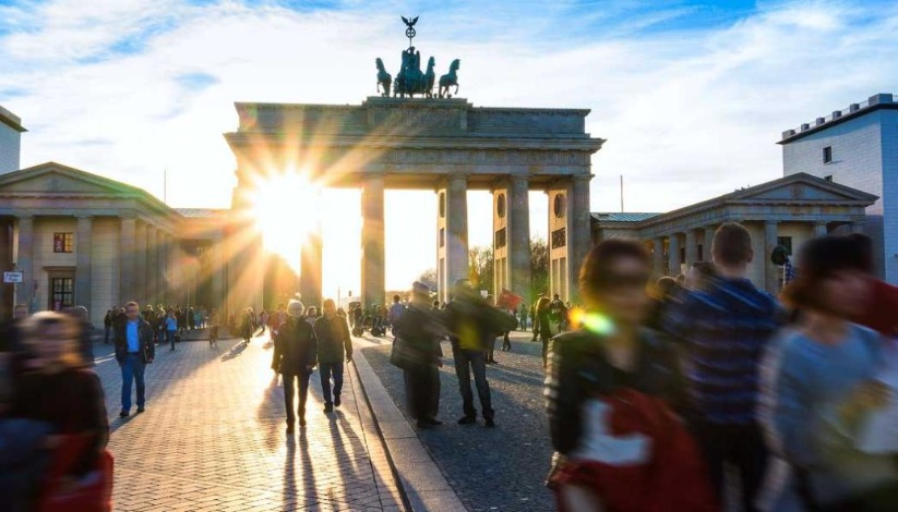 Town square with people walking