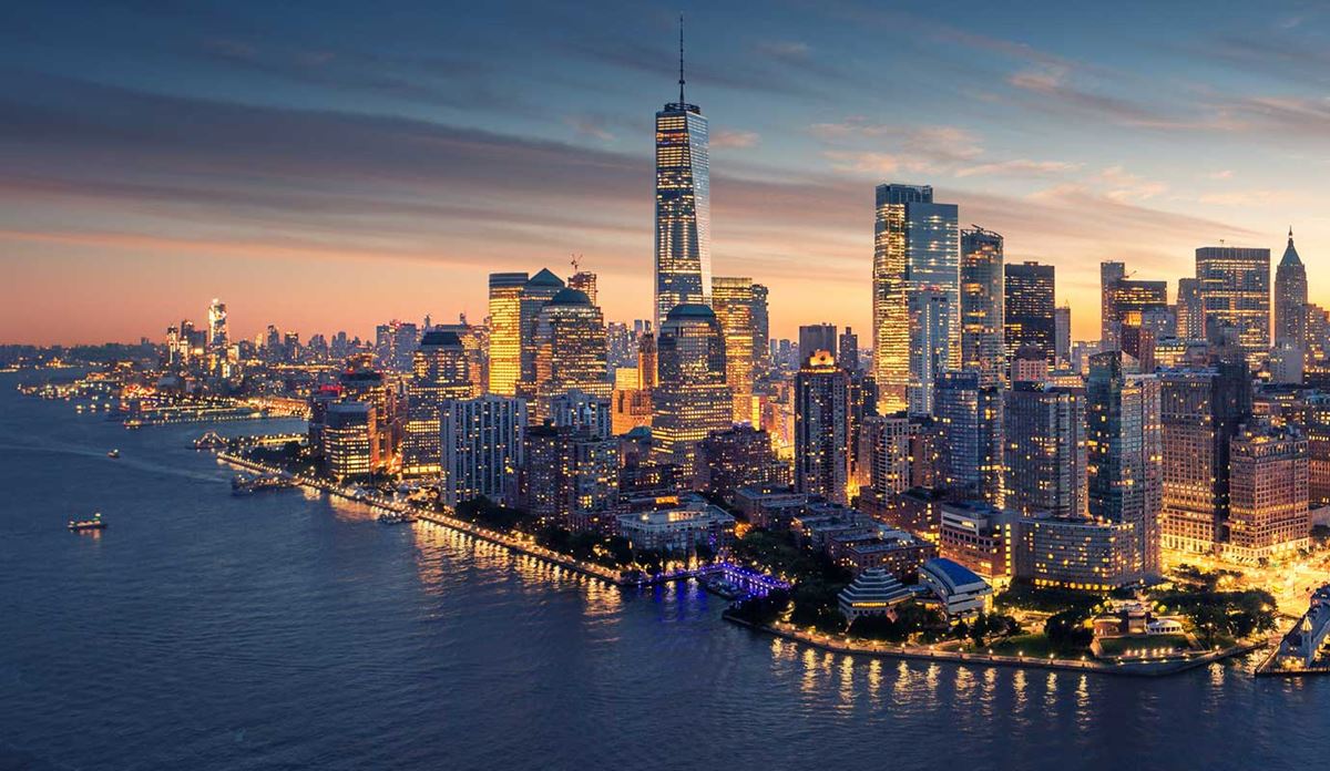 Vibrant aerial view of New York city at sunset