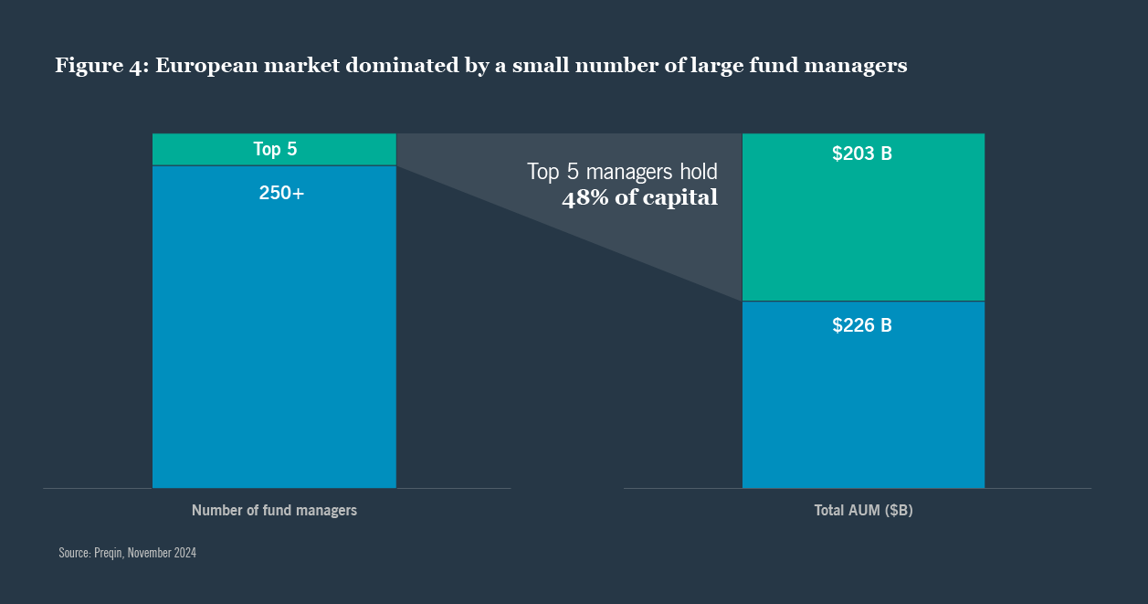 Bar chart showing European market data with two sections. Left: 250+ total fund managers; Right: Top 5 fund managers hold 48% of capital, valued at $203B out of a total $429B AUM.