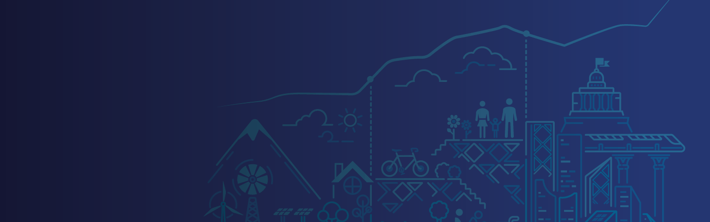 Illustration of a family among hills and buildings