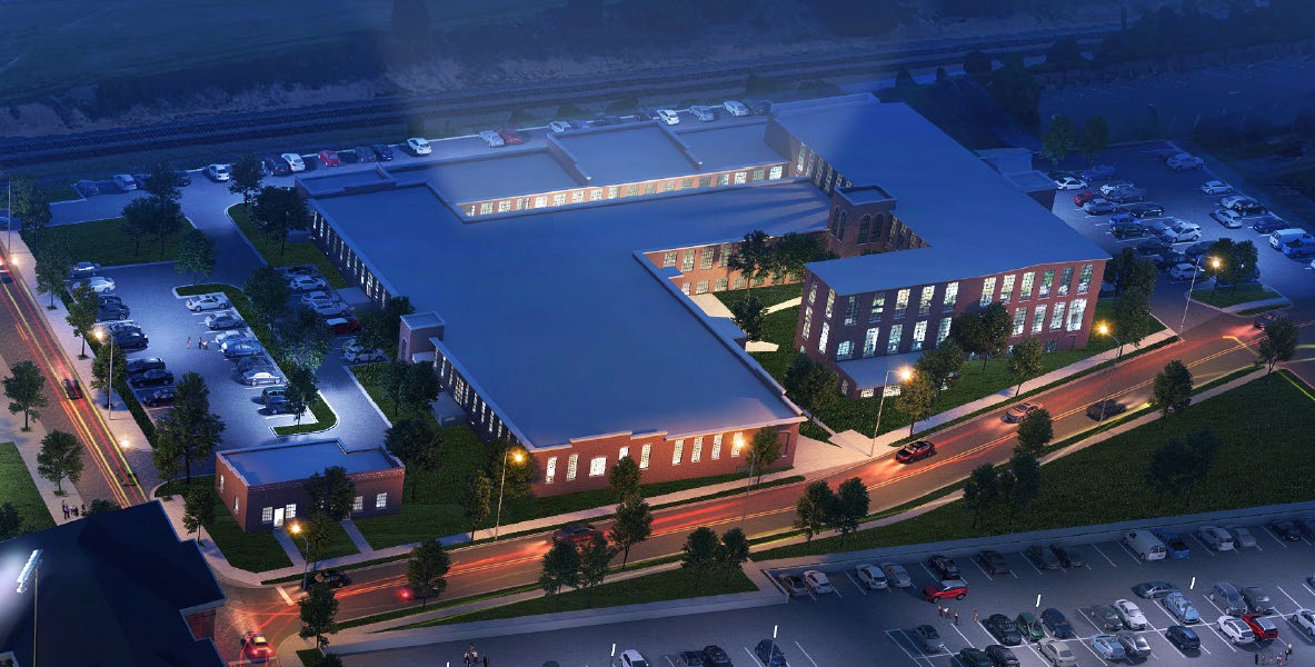 Aerial night view of Trenton Mills building complex